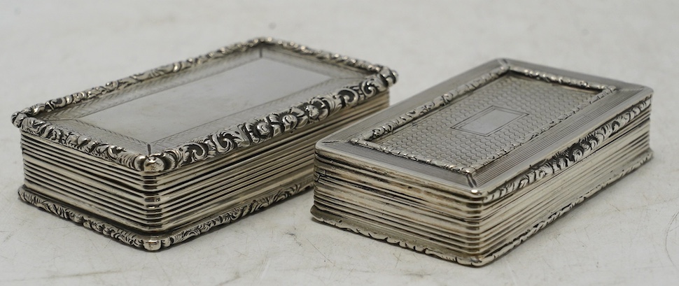 Two late William IV engine turned silver rectangular snuff boxes, Francis Clark, Birmingham, 1835/6, largest 70mm. Condition - fair